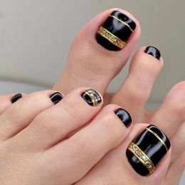 -False unhas 24pcs/caixa Black French Fake Pounds With Gold Line Silver Glitter Design Wearable Pression