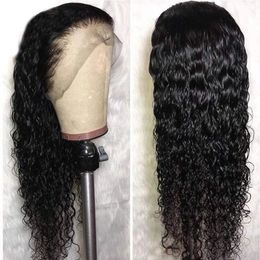 Black Water Wave Synthetic Lace Front Wig Heat Resistant Loose Curly Half Hand Tied Frontal Wigs With Baby Hair Headband wigs