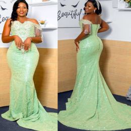 Light Green 2022 Prom Dresses Sweetheart Neckline Mermaid Strap Sweep Train Sequins Tassle Evening Formal Wear Tail Party Gowns Vestidos Custom Made Plus Size