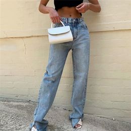 Women high waist jeans pant Spring loose solid denim jeans pants Button Summer retro ladies zipper blue denim Floor split pants LJ201029
