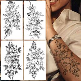 NXY Temporary Tattoo Large Peony Lily Flower for Women Black Mandala Henna Fake s Arm Hands Creative Sweatpea Leaf Daisy Tatoo 0330