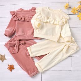 Ma&Baby 0-12M Autumn Winter Warm Toddler Baby Girls Clothes Set Smooth Velvet Outfits Sets Ruffle Trim Top Bow Pants DD40 220507