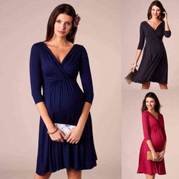 2Xl Maternity Dresses for Pregnant Women V-Neck Short Sleeve Pleated Beautiful Clothes Pregnancy Party Evening Dress G220309