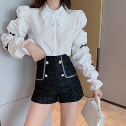 Women's Tracksuits Spring Fashion 2 Piece Mini Pants Sets Bow Puff Sleeve White Doll Shirt High Waist Elegant Shorts Suits Chic 2pc OutfitsW