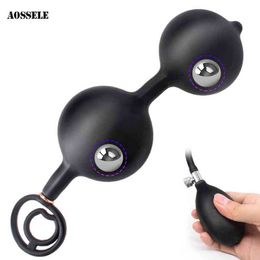 NXY Sex Adult Toy Dual Purpose Butt Plug Inflatable Double Ball Anal Delay Lock Sperm Ring Anus Dilator for Men Bead Stimulation 0330