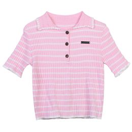 519 2022 Summer Kint Pullover Short Sleeve Lapel Neck Brand Same Style Sweater Pink Blue Plaid Luxury Womens Clothes mingmei