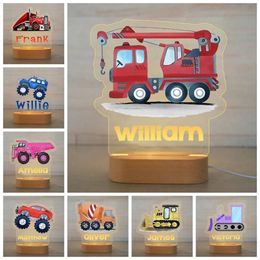 Custom LED Lights Engineering Vehicle Car Nightlights Personalised Baby Kids Name Acrylic Lamp for Bedroom Bedside Table Decor 220623