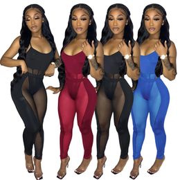 Summer Mesh See Through Tracksuits For Womens Sleeveless Sling Rompers And Slim Splicing Pants Sexy Nightclub 2 Piece Sets H0104