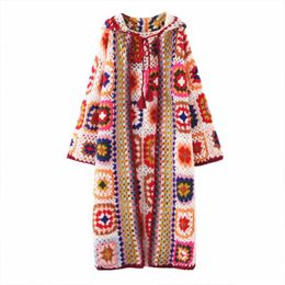 Women's Knits & Tees Women 2022 Fashion Hand Made Crochet Hooded Jacket Coat Vintage Long Sleeve Section Female Outerwear Chic Tops