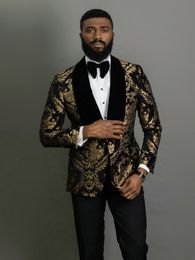 New Elegant 2022 Costume Homme Shawl Lapel Black Jacquard Tuxedos Dinner Party Groom Wear Men Wedding Suits For Men Prom Tuxedo Blazer