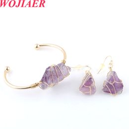 WOJIAER Trendy Gold-color Wire Wrap Jewellery Set Irregular Bangle Bracelets Natural Crystal Stone Hook Dangle Drop Earring BO940