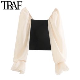 TRAF Women Fashion Patchwork Organza Cropped Knitted Blouses Vintage See Through Sleeve Stretch Female Shirts Chic Tops 210308