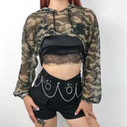 Long Sleeve Mesh Top Hooded Womens T-shirt Hollow Out Sexy Punk Rock Short Crop White Fishnet Women Clothing Tops Tees