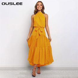 OUSLEE Summer Casual Long Dress Boho Style Halter Polka Dot Dresses Women Elegant Party Print Maxi Dresses Ladies Vestidos Mujer 220531