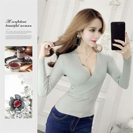 2019 New Sexy Deep V Neck Ladies Sweater Women s Pullover Casual Slim Bottoming Sweaters Female Elastic Cotton Long Sleeve Tops Y200722