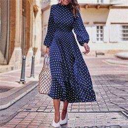 Polka Dot Print Lantern Sleeve Blue Dress Women Boho Long Dress Elegant Vintage Stand Collar Long Sleeve Autumn Dress Plus Size LJ200818