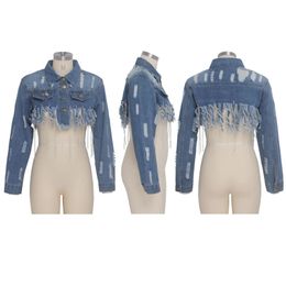 Tsuretobe Tassel Ripped Cropped Jean Jacket Women Autumn Chain Long Sleeve Denim Streetwear Short Coat Female Outwe LJ200825