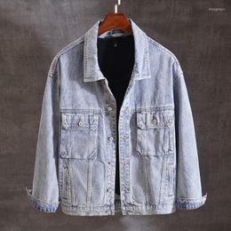 Men's Jackets Vintage Fashion Men High Quality Retro Light Blue Big Pocket Casual Denim Jacket Korean Style Cotton Coats