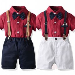 Summer Pants Clothes Set For Boys Gentlemens Dress With Bow Tie Striped Shirt Rompers Birthday Clothes 42mn D3