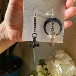 Dangle & Chandelier Gothic Smokey Quartz Crystal Moon And Sword Asymmetric Earrings Celestial Statement Handmade Jewellery Women Gift
