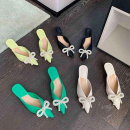 Slippers Pointed Toe Women Summer Casual Slides Thin Low Heels Rhinwstone Bow Design Fashion Party Black Yellow Beige 39 220328