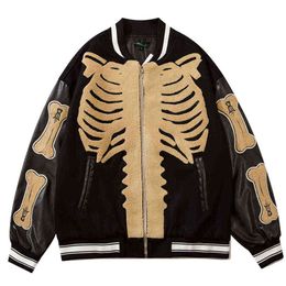 Hot sale Patchwork Furry Skeleton Colour Block Baseball Jackets Men Hip Hop Streetwear College Bomber Jacket Harajuku Bomber Coats