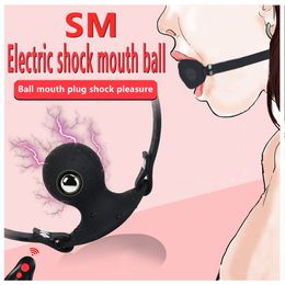 SM 7-frequency Electric Shock Mouth Plug Female Saliva Ball Silicone Deep Throat Device sexy Toy For Couplt Etrict Beauty Items