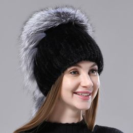 Berets Fur Hats Women Knitted Mink Fluffy Winter Warm Female Beanie For Head 55-60cm Elastic Natural Hat