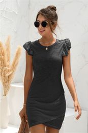 Summer Dress Women O Neck Sundress Elegant Ruffle Short Sleeve Crossover es Casual Solid Slim Office Ladies Mini 220521