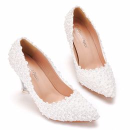 2022 Fashion Sexy 9CM High Heels Wedding Pumps Sweet White Flower Lace Pearl Platform Bride Dress Shoes