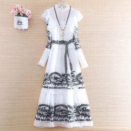 Ethnic Clothing High-end Summer Women Dress Style Retro Elegant Lady Slim O-neck Party Ruffle Patchwork Lace Female S-XLEthnic