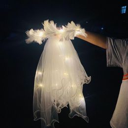 Party Decoration Women Girl Glow Light LED Veil Headband Bowknot Feather Tulle Wreath Cosplay Birthday Wedding Halloween ChristmasParty