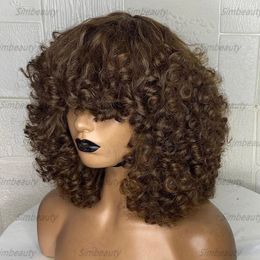 Fringe Wigs Light Brown Bouncy Curly Scalp Base Full Machine Made 100% Human Hair Wigs with Baby Hairs Thick Bangs Silk Top Non Lace Remy