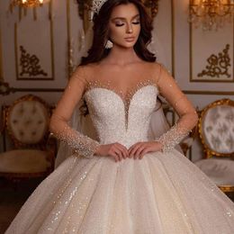 Princess Luxurious Shiny Ball Gown Wedding Dresses Deep V Neck Long Sleeve Strapless Lace Appliques Sequins Floor Length Train Ruffles Plus Size Robe Custom Made