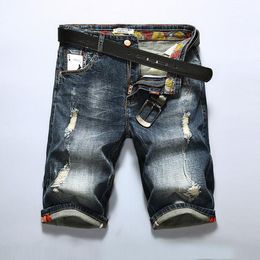 Calças de brim curtas de verão masculino buracos estiramento denim shorts algodão reto jean casual azul tamanho 421