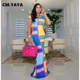 CM.YAYA Women Long Dress Print Short Sleeve O-neck Stretchy Bodycon Maxi Dresses Vintage Party Vestidos Summer Outfits 220516