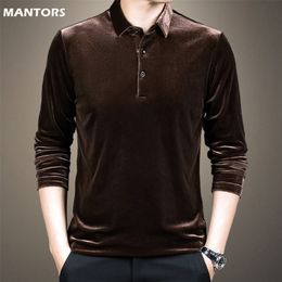 Gold Velvet Polo Shirt Men Korean Fashion Business Long Sleeve s Solid Casual Slim Fit Man Button Collar Tops 220804