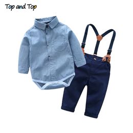 Top and Toddler Baby Boys Gentleman Clothes Sets Long Sleeve Romper+Suspenders Pants 2Pcs Wedding Party Casual Outfits 220507