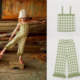 EnkeliBB Super Fashion Girls Summer Sling Vest and Pants Cute Green Plaid Knit Tops and Pants Outfits Misha Puff Baby Girl Sets 220509