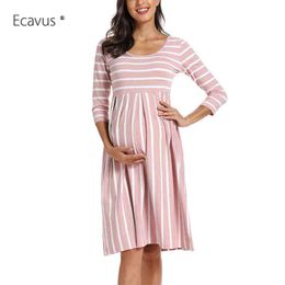 Women's Maternity Dress Casual Striped 3/4 Sleeve Knee Length pregnancy dresses Flattering Maternity Dresses Winter Baby Shower G220309