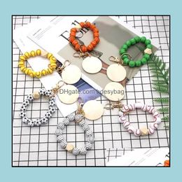 Keychains Fashion Accessories Trendy Design Disc Wristlet Keychain Wooden Beaded Softball Baseball Print Sport Bracelet Key Rings 6 Colours D