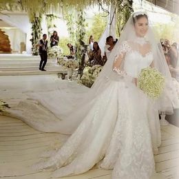 Luxury Shiny Lace Applique Mermaid Wedding Dresses with Detachable Royal Train 2022 High Neck Illusion Long Sleeve Church Wedding Gown