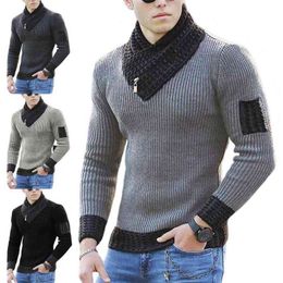 Men Knitted Sweater Long Sleeves Scarf Collar Men Sweater Soft Color Block Color Block Casual Sweater Streetwear L220730