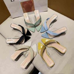 2022 Summer New Sexy Outdoor Sandals Women Indoor Transparent Pointed Toe High Heels Shoes Female Slippers Wedding Party Shoes Y220409