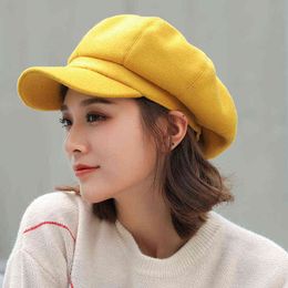 Wool Women Beret Autumn Winter Octagonal Cap Hats Stylish Artist Painter Newsboy Caps Black Grey Beret Hats J220722