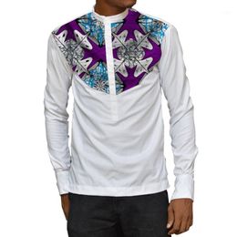Nigerian Print Men's Shirts Stand Collar Patchwork White Tops Customized African Fashion Casual Male Outfit Ethnic Clothing