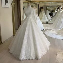 Modest Muslim Lace Wedding Dress Beaded Long Sleeves A Line Bridal Gowns High Neck Floor Length Islamic 2022 Bride Dresses Custom Made