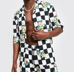 2022 Summer Men's Tracksuits Casual Black and White Plaid Flower Print Zebra Print Lapel Single Breasted Shorts Men Suit