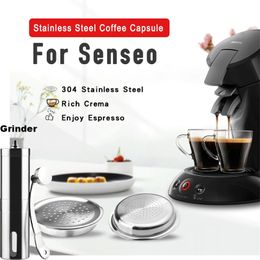 Icafilas Reusable Coffee Capusle for Senseo Maker Stainless Steel Refillable Reutilizable Coffee Philtres Pod with Grinder 210326