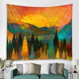 Psychedelic Sunset Forest Tree Mountain Carpet Wall Hanging Bohemian Landscape Decoration Home Tapestr J220804